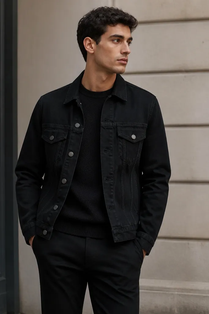 Modern black denim jacket outfit for men