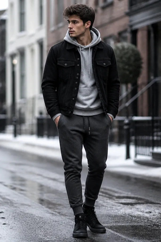 Black denim jacket layered over a grey hoodie. The person wears charcoal joggers with tapered ankles and black high-top sneakers. Hands in pockets, casual winter street background.