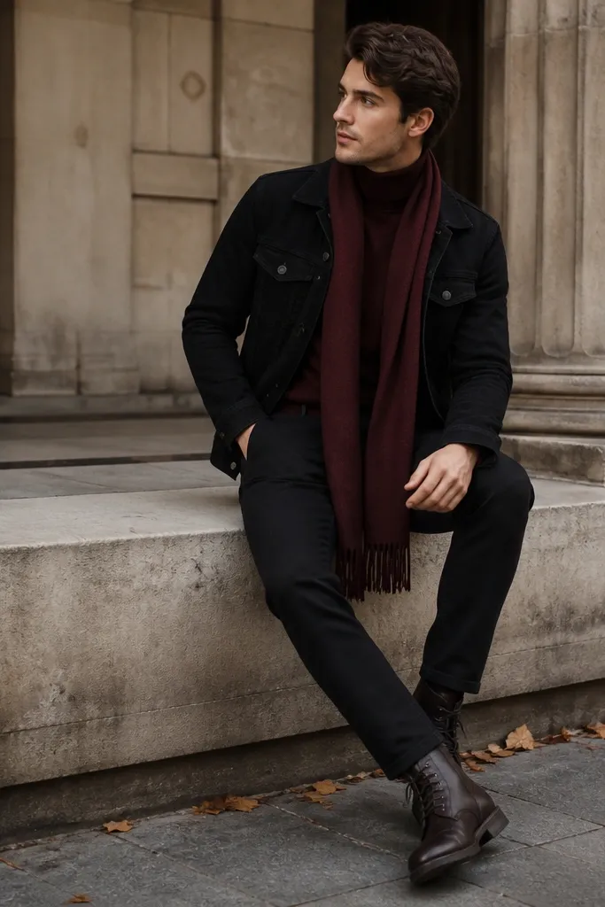 A black denim jacket worn over a burgundy turtleneck. The person has black chinos and a long wool scarf in a deep wine/burgundy tone that drapes down the chest. Dark boots in the frame.
