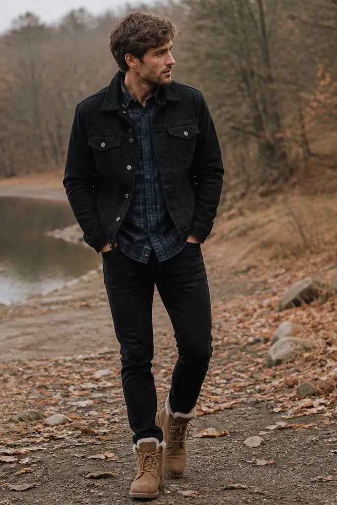 Black denim jacket layered over a navy flannel button-up. Straight black jeans. Shoes are tan boots with a visible shearling collar. The scene looks like late fall with muted colors.