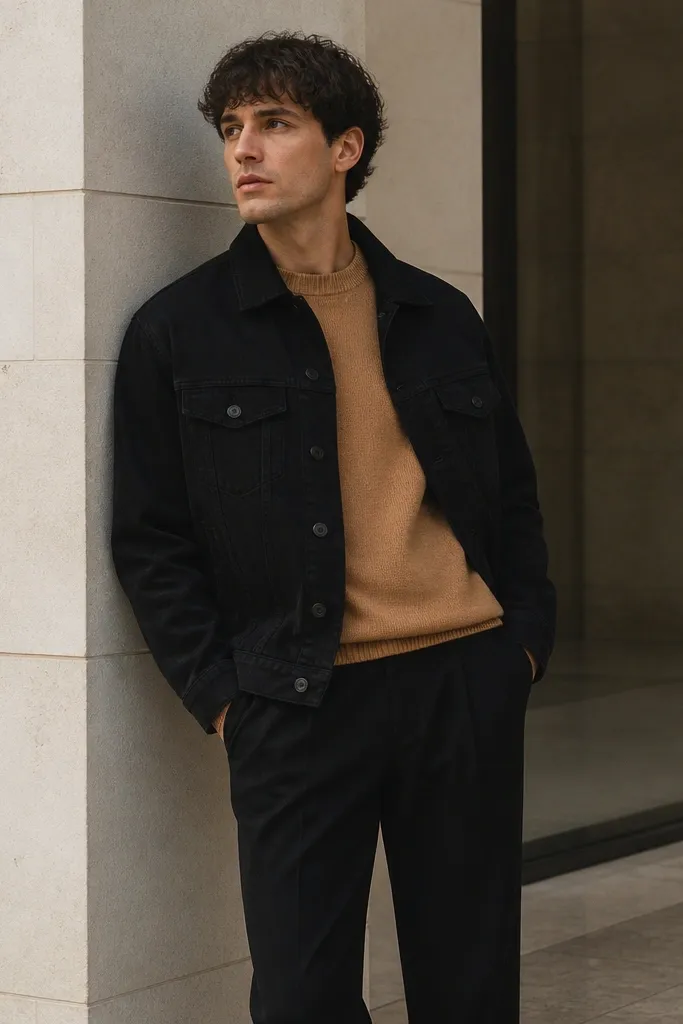 Black denim jacket over a camel knit sweater. The person wears black wool trousers with a neat fall. Minimal accessories, clean monochrome black with warm camel top.