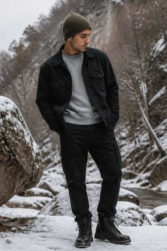 Black denim jacket over a grey sweatshirt. Black cargo pants with visible pockets. Olive knit beanie and rugged dark boots. Outdoor winter setting, soft light.