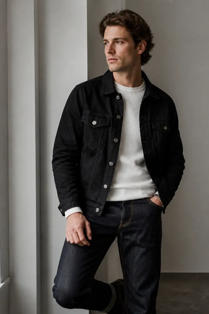 A black denim jacket layered over a white thermal long sleeve. The person wears dark indigo selvedge-style jeans with visible seam details. Minimal accessories, clean contrast.