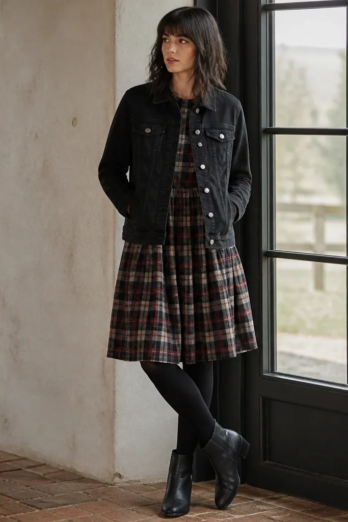 Black denim jacket worn over a plaid flannel dress. The person wears black tights and dark ankle boots. The dress hem falls below the jacket, with plaid pattern visible around the waist and skirt.