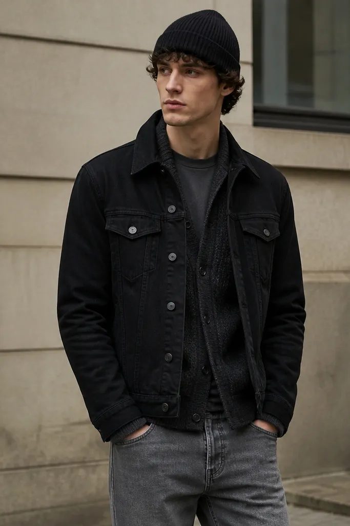 Black denim jacket layered over a charcoal knit cardigan. Grey straight jeans. The person wears a simple dark beanie and keeps the front buttoned open slightly.