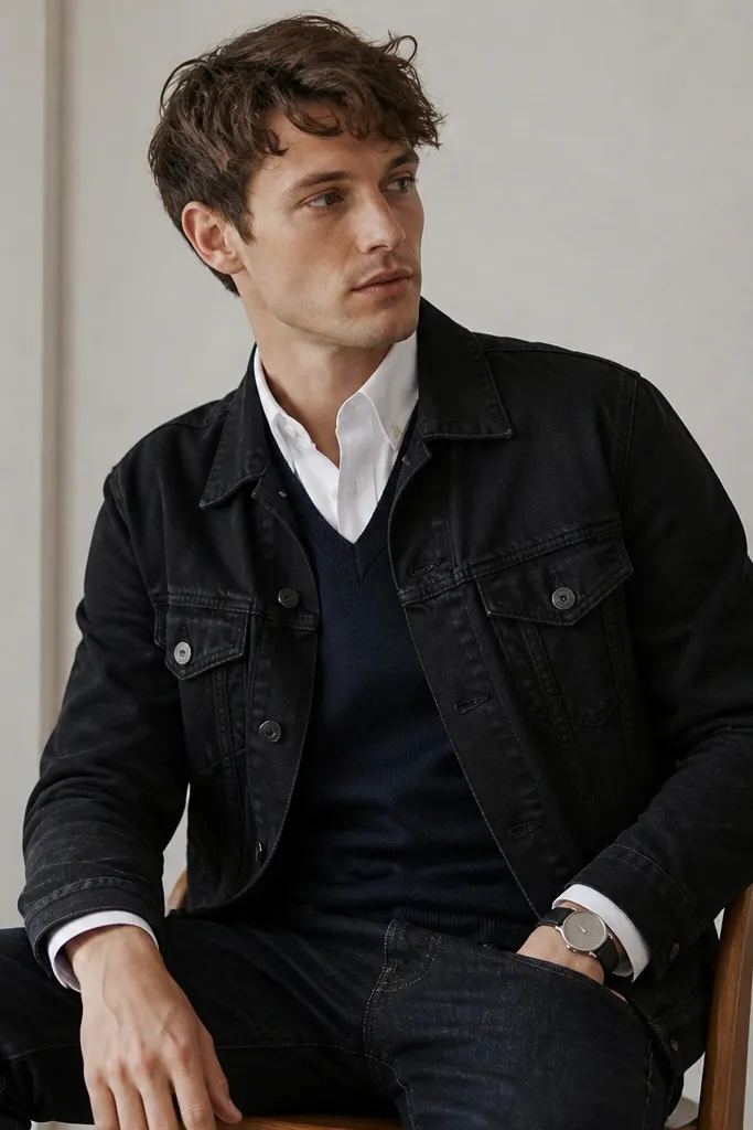 Black denim jacket worn over a navy sweater vest layered on top of a white button-down. Dark jeans and a simple watch. The vest V-shape is visible under the jacket opening.