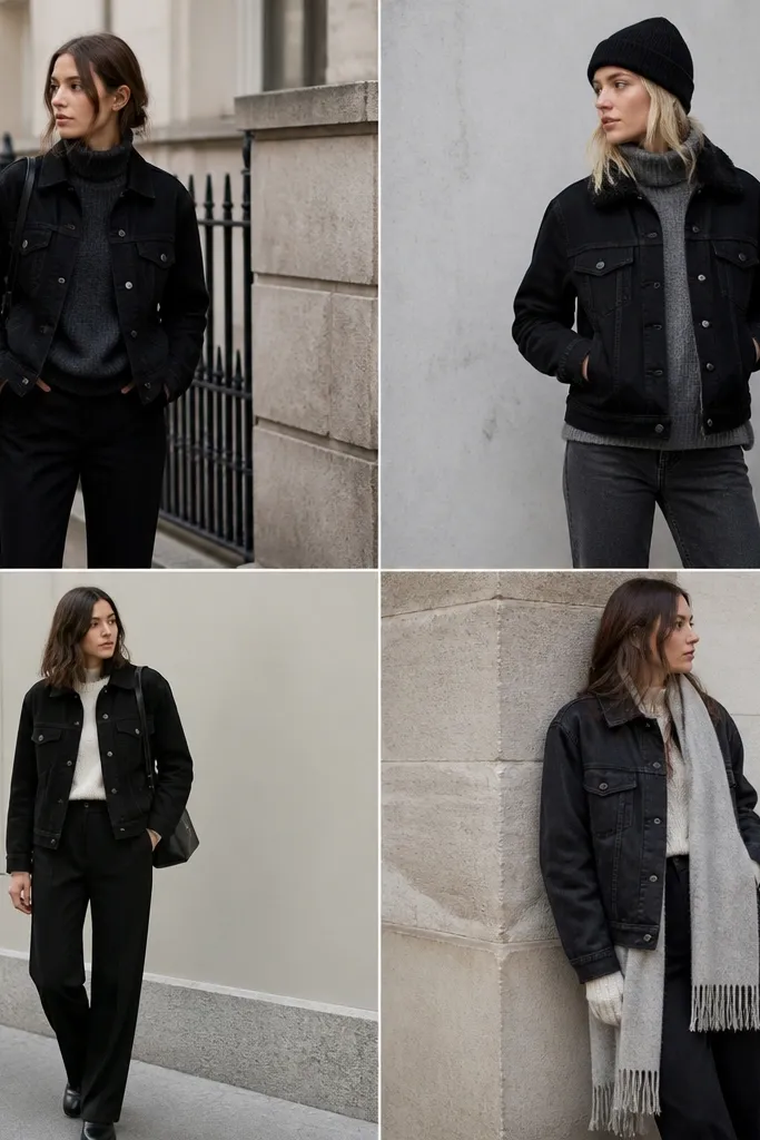 Quick easy black denim jacket winter outfit ideas