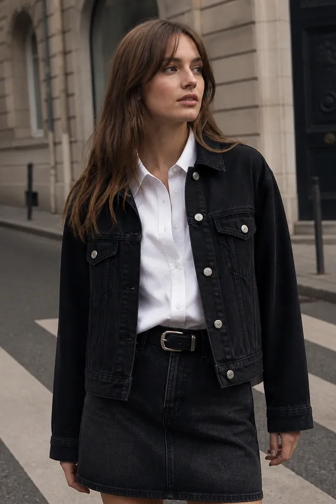 A white oxford button-down worn partially tucked under a black denim jacket. The bottom is a dark denim skirt with a black belt. The person stands in a city street setting, arms relaxed.