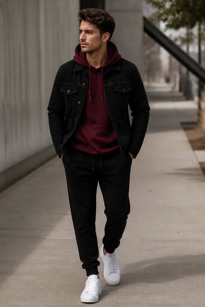 A black denim jacket over a burgundy hoodie. The outfit includes black joggers and clean white low-top sneakers. The person is walking on a concrete path.