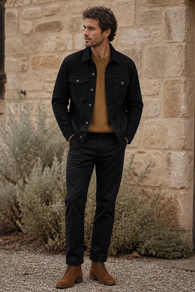 A black denim jacket worn over a mustard knit sweater. The pants are black straight chinos, and the shoes are suede desert boots in a warm brown tone.