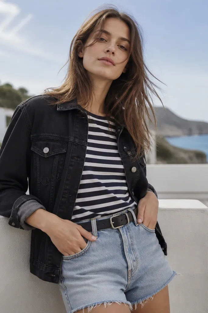 A black denim jacket over a navy and white striped tee. The bottom is light-wash denim shorts with a black belt. The person is outdoors in bright daylight.