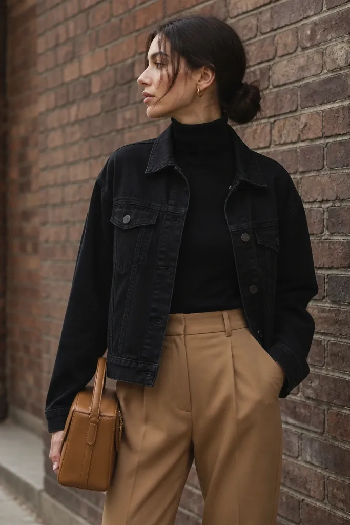 A black turtleneck layered under a black denim jacket. The outfit includes camel trousers and a structured bag in tan leather. The person stands in front of brick walls.