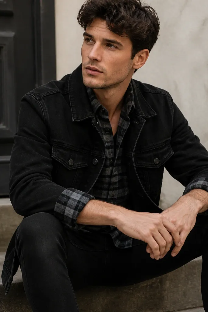 A charcoal flannel shirt under a black denim jacket, paired with black slim jeans. The person is seated on a step, sleeves rolled to show the flannel pattern.