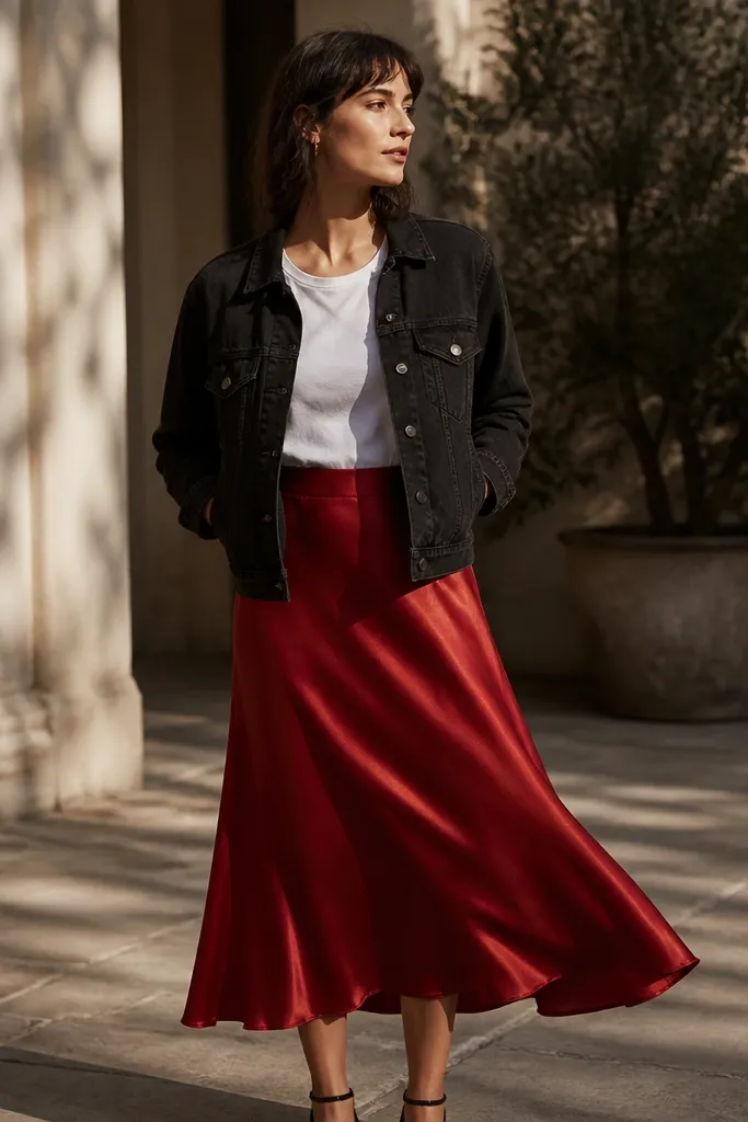 A plain white T-shirt under a black denim jacket. The bottom is a red satin midi skirt with gentle movement. The person is standing near a courtyard with soft shadows.
