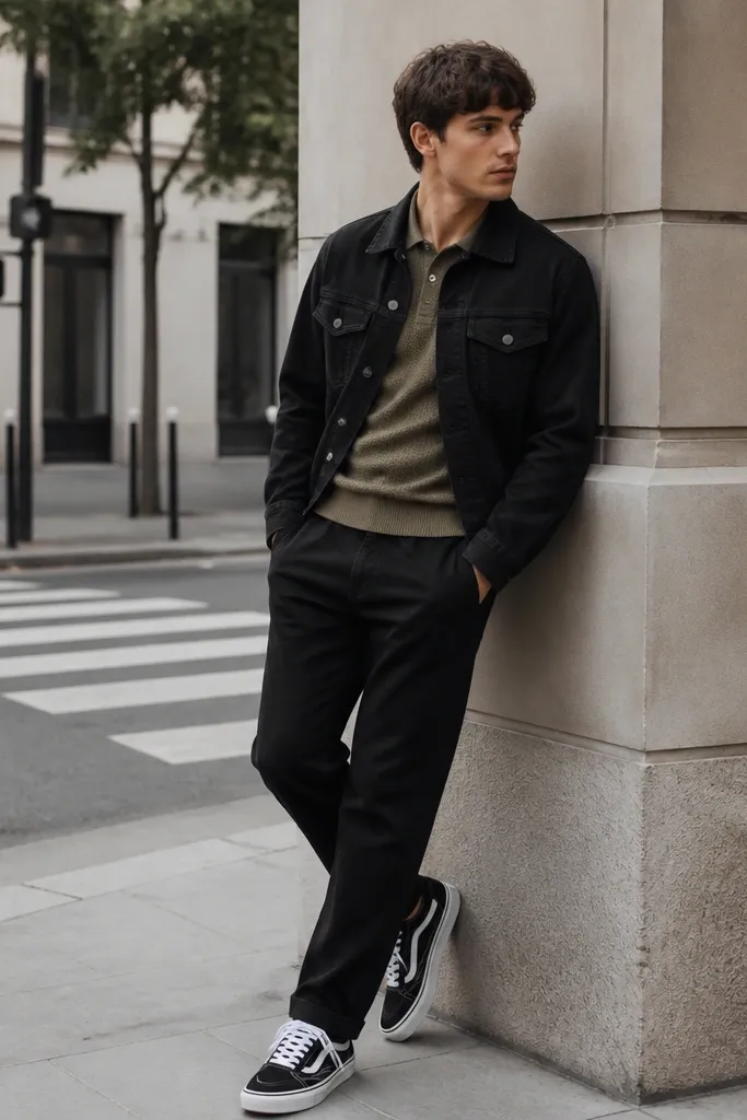 A black denim jacket worn over an olive knit polo with a collar. The pants are black, and the shoes are black-and-white sneakers. The scene is a casual street corner.