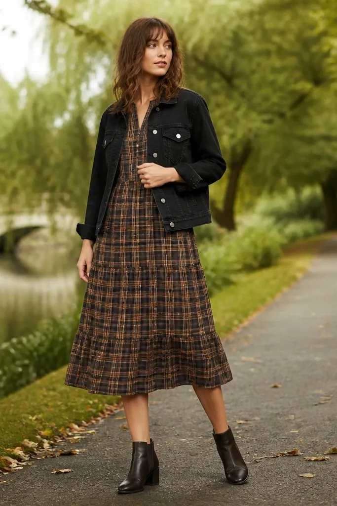 A plaid midi dress layered with a black denim jacket. Ankle boots in dark leather complete the outfit. The person is photographed in a park setting.