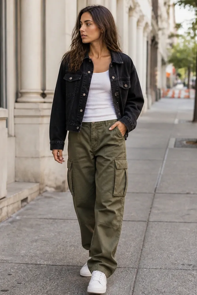 A model wearing a black denim jacket with storage pockets over a white rib tank. The pants are olive cargo style with visible side pockets. White sneakers complete the outfit; the photo is taken in a city sidewalk setting.