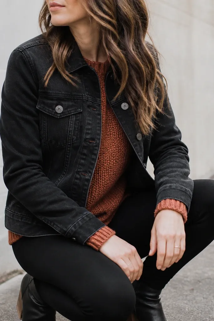 A close, street-style photo of a black denim jacket with front pockets worn over a rust knit sweater. The person wears black leggings and ankle boots. The jacket hem sits at the upper hip; the sweater cuffs show at the wrists.