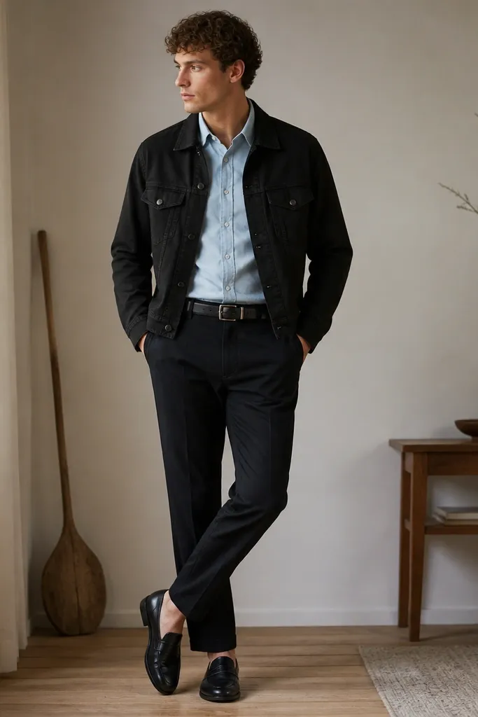 A photo indoors with soft light: a black denim jacket with storage pockets over a light-wash chambray button-down. Dark chinos are worn with a belt and loafers. The collar peeks neatly above the jacket.