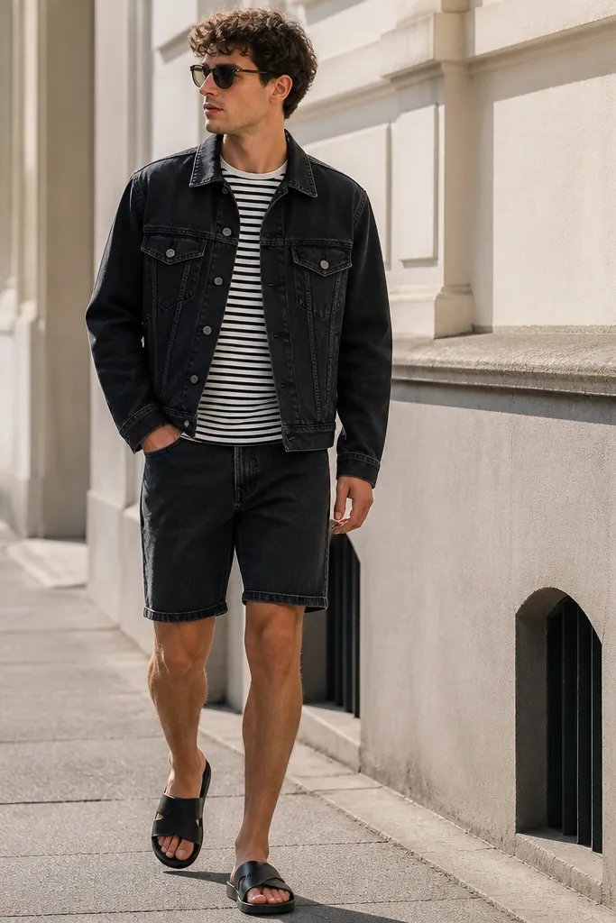 A summer street shot: a black denim jacket with pockets over a black-and-white striped tee. The person wears dark denim shorts and black slides. The jacket sleeves are down, showing the pocket area clearly.