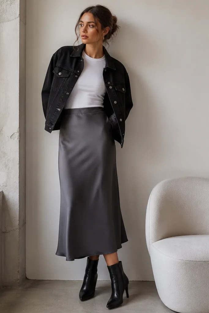 A styled photo indoors: a black denim jacket with front pockets over a fitted white tee. A satin slip skirt in charcoal gray falls to midi length. The person wears black heeled ankle boots.
