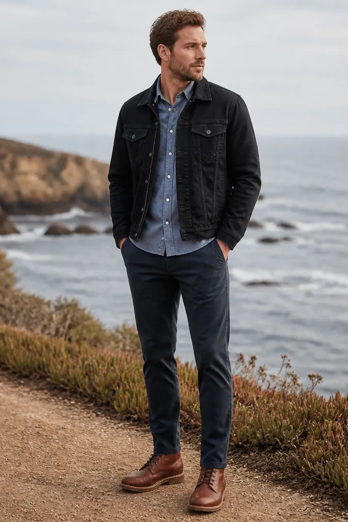 A man's outfit photographed outdoors: black denim jacket with storage pockets over a chambray shirt. Navy chinos are worn with brown leather boots. The jacket hem is at the upper hip.