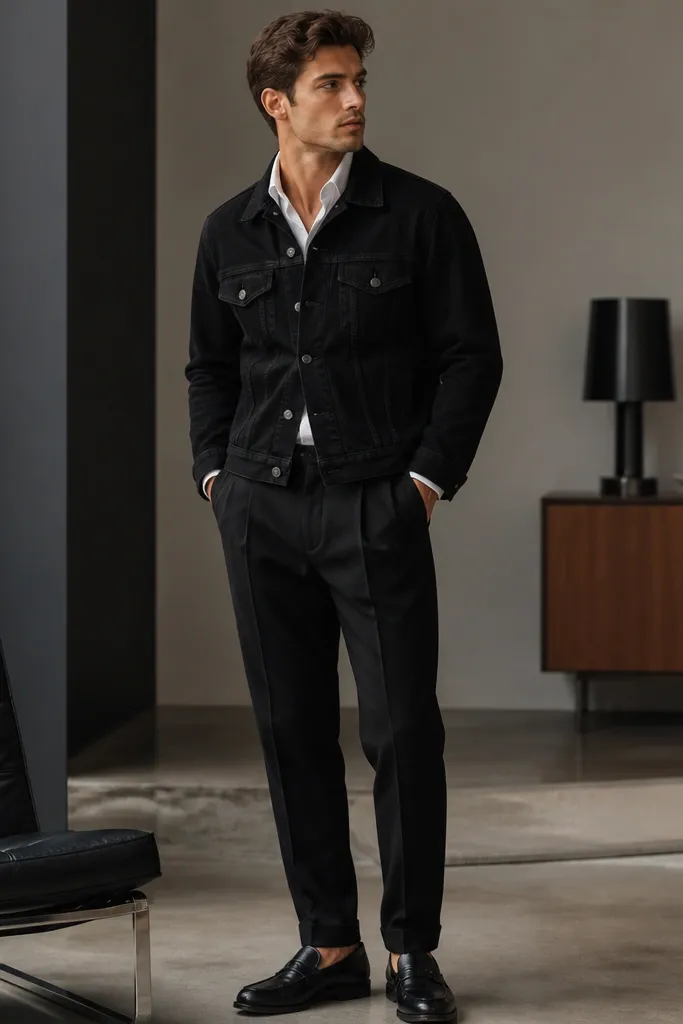 A crisp, office-to-evening look: a black denim jacket with pockets layered over a white button-up. The trousers are black and pleated, with a tailored fit. The person wears black loafers and keeps the jacket buttoned.