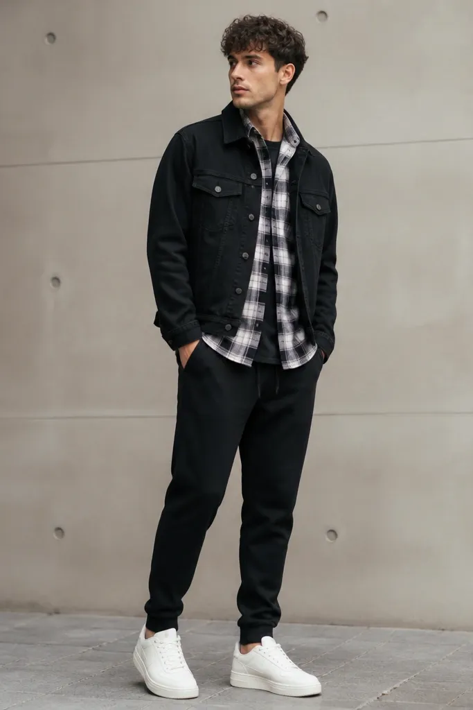 A casual outfit photo: black denim jacket with pockets over a checkered overshirt. The person wears black joggers and white sneakers. The jacket is worn open, showing the check pattern.
