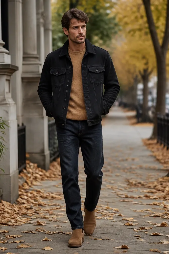 A fall-style street photo: black denim jacket with storage pockets over a tan sweater. Dark wash straight jeans are worn with tan suede boots. The jacket collar frames the sweater neckline.