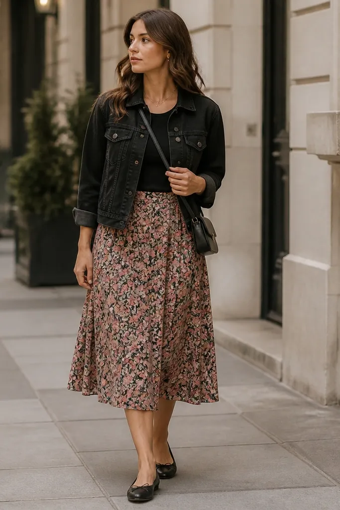 A feminine street shot: black denim jacket with front pockets over a fitted black top. A floral midi skirt in muted pink and green falls to mid-calf. The person wears black flats and a small crossbody.