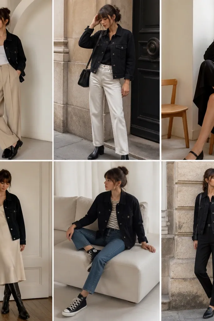 Black denim jacket outfit ideas with storage-friendly styling