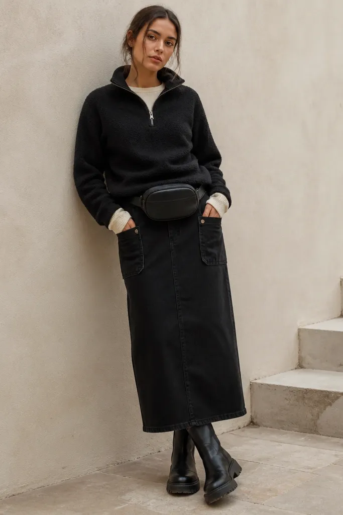 A black denim skirt outfit with storage pockets, a black fleece quarter-zip layered over a thin thermal, a small belt bag worn at the waist, and chunky lug boots. The skirt pockets are open and visible, and the belt bag sits centered above them.