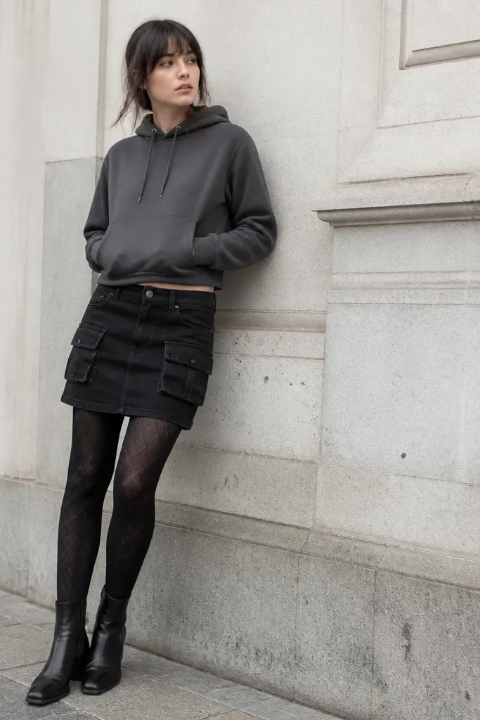 A black denim skirt with storage pockets paired with a steel gray hoodie, patterned tights in dark tones, and ankle boots. The hoodie hem ends just above the skirt waistband, showing the pocket line.