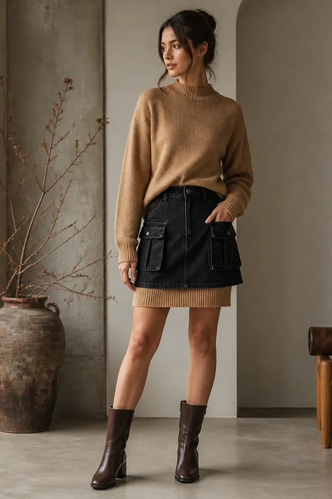 A model layers a camel sweater dress under a black denim skirt with storage pockets. The top layer shows pocket openings and the boots are mid-calf in dark brown.
