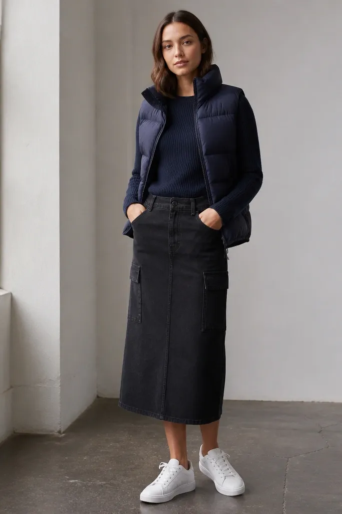 A model wears a black denim skirt with storage pockets, a knit long-sleeve top in navy, a navy puffer vest over it, and clean white sneakers. The pockets are visible and not covered by the vest.