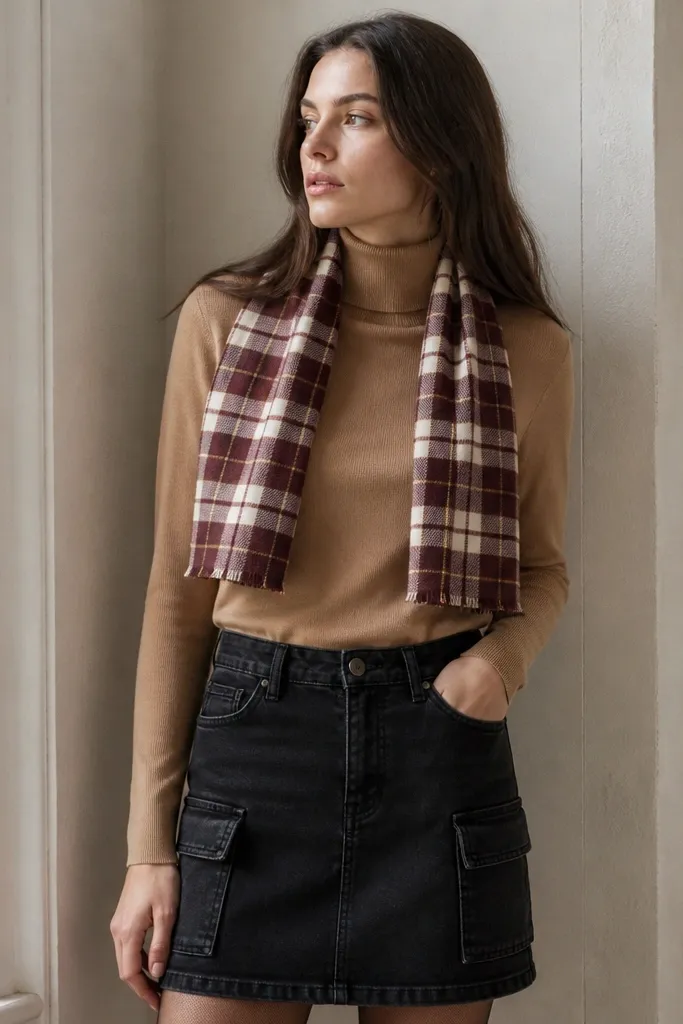 A model wears a black denim skirt with storage pockets, a camel turtleneck, and a plaid wool scarf in dark red and cream draped around the neck. The scarf ends stop above the pocket area.