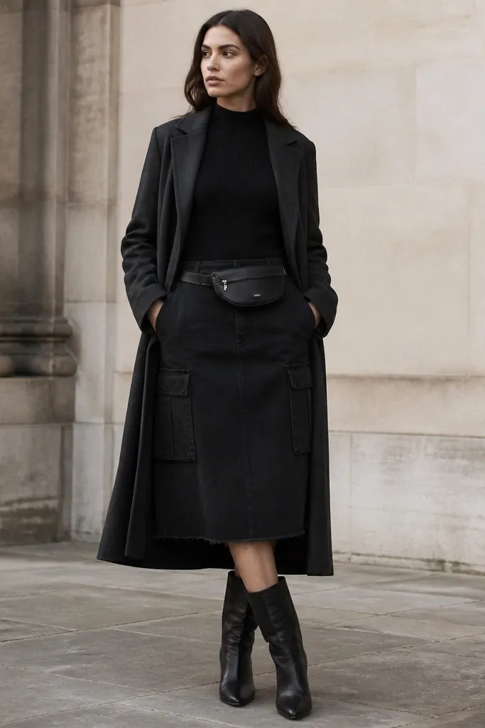 A model wears a black denim skirt with storage pockets, a black long-sleeve thermal tucked in, a charcoal overcoat, and a thin belt bag worn at the hip. The coat hem sits below the skirt hem.