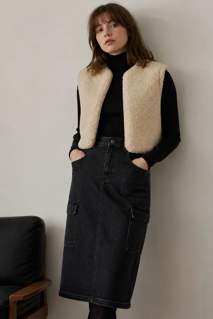 A model wears a black denim midi skirt with storage pockets, a black turtleneck, a cream faux shearling vest over top, and dark tights. The vest stops above the skirt pocket area.