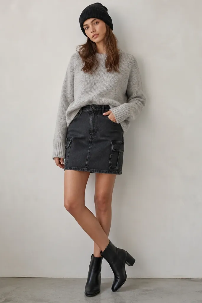 A model wears a black denim skirt with storage pockets, a light gray knit sweater tucked at the front, a black beanie, and black ankle boots. The sweater cuffs show knit texture.