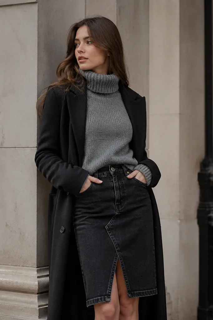 Black denim skirt outfit with storage winter layering