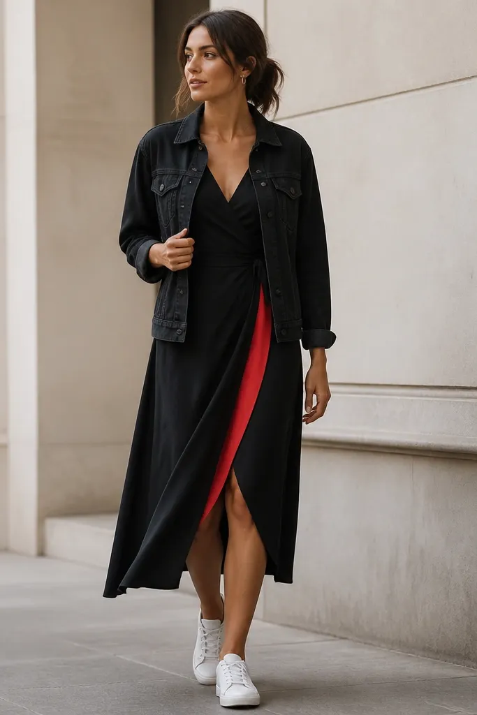A black wrap-style dress shows a red interior panel at the waist. It's layered with a black denim jacket. White low-top sneakers and small hoop earrings finish the look.