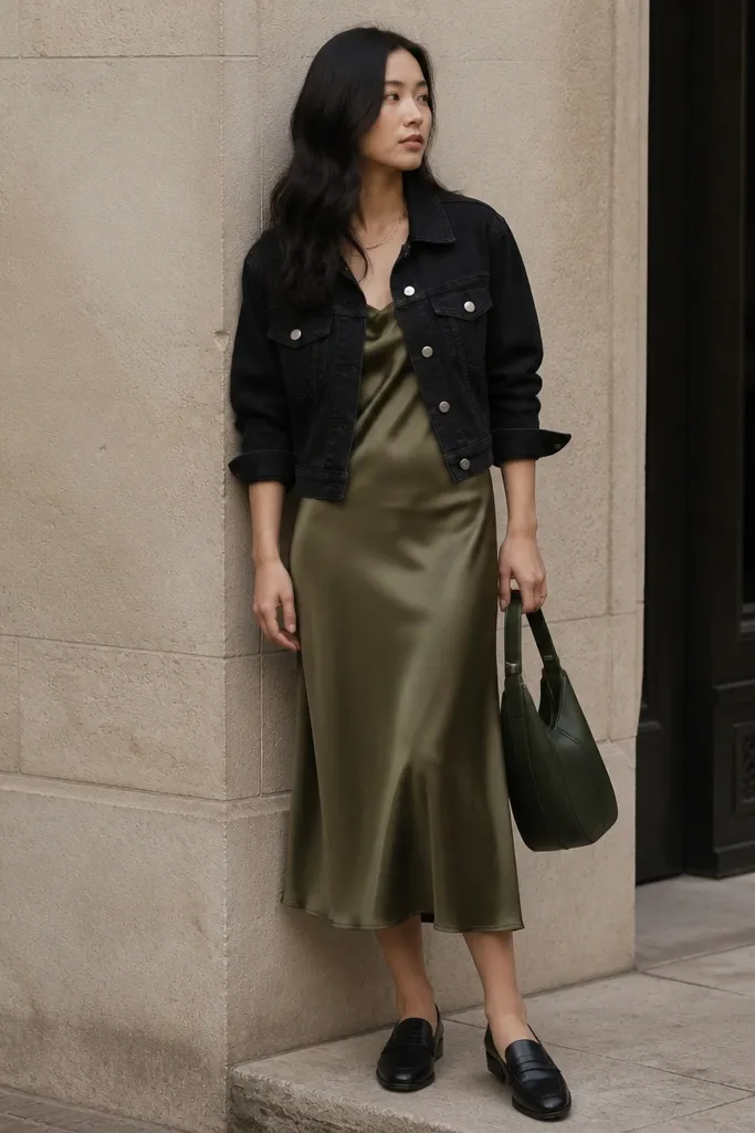 An olive satin midi dress with a slight sheen is paired with a black denim jacket. The jacket has a matte finish. The shoes are black loafers and the bag is dark green.