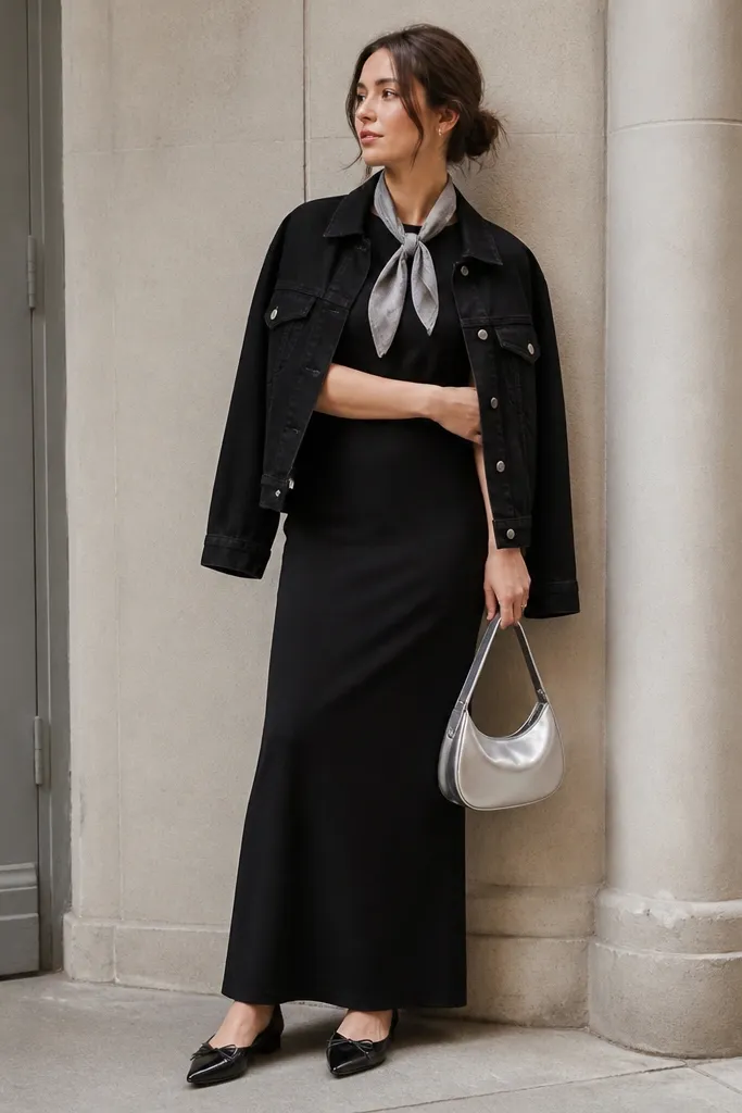 A silver-gray scarf is tied at the neck over a black dress. A black denim jacket sits open. The shoes are black pointed flats and the bag is silver with a short strap.
