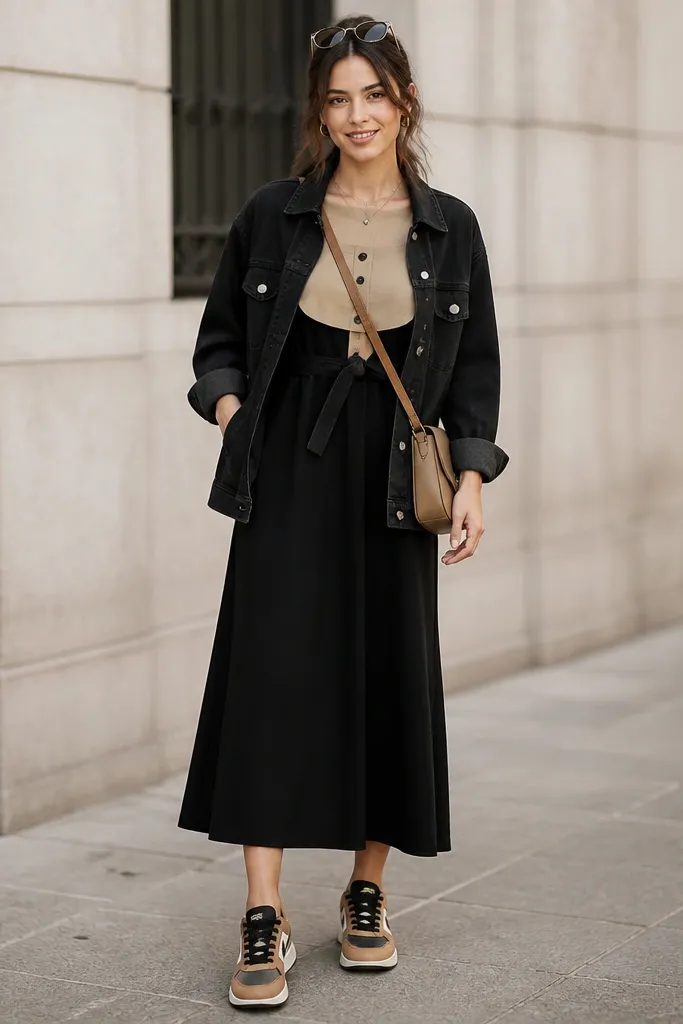 A black dress with a tan top panel or faux trench detail is worn with a black denim jacket. The jacket is unbuttoned. The person wears tan and black sneakers and a matching tan crossbody.