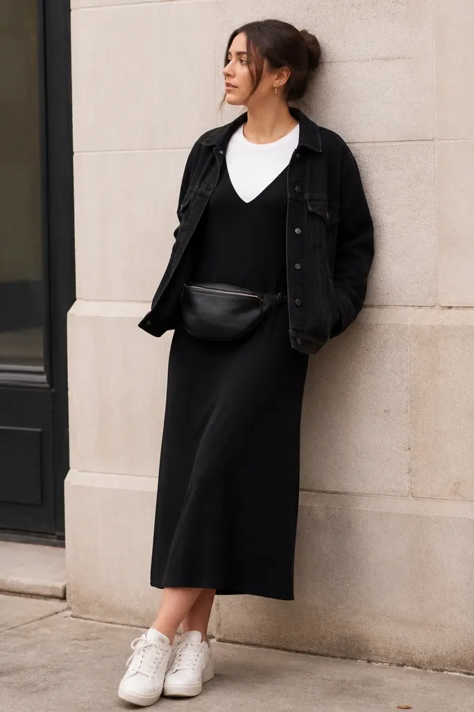 A black dress is layered over a white fitted tee at the neckline. The black denim jacket is worn open. The pants are not visible; the dress hem is above the ankle. The person wears white sneakers and a black belt bag.