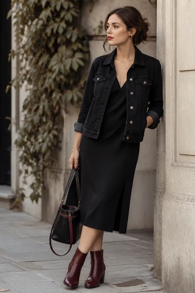 A black dress is layered with a black denim jacket. Burgundy ankle boots add color. The bag is black with burgundy accents and the jewelry is dark red enamel studs.