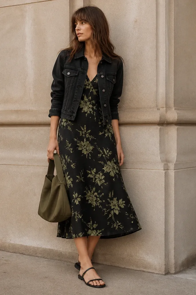 A black dress with green floral print is worn with a black denim jacket. The jacket is slightly cropped. The shoes are black sandals and the bag is olive.