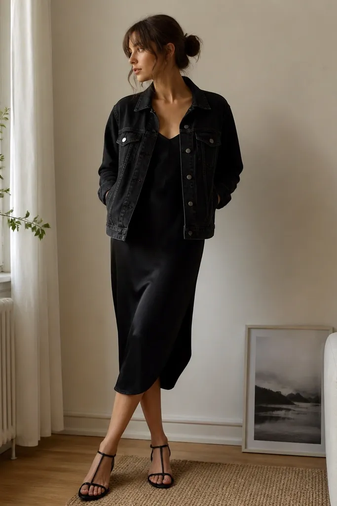 Small space styling for a black dress denim jacket outfit