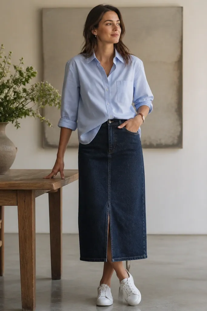 A person wears a light blue Oxford button-down over a dark denim skirt. The shirt is French-tucked at the front only, sleeves rolled to the forearm, and the look is finished with white sneakers and a tan leather watch strap.