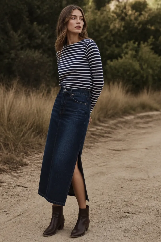 A model is photographed outdoors wearing a navy-and-white striped long-sleeve tee tucked to the waist. The dark denim midi skirt has a side slit and a subtle wash fade, paired with brown ankle boots.